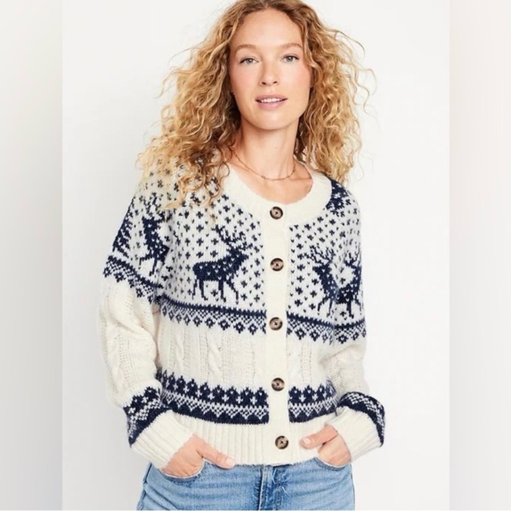 Old Navy women's crew neck fair isle cardigan sweater